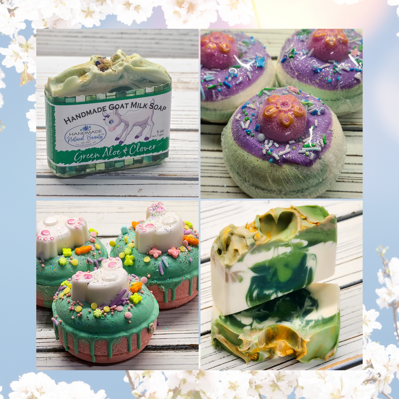 Spring Collection of Handmade Natural Beauty products, goat milk soaps, vegan coconut cream silk soaps and bath bomb donuts