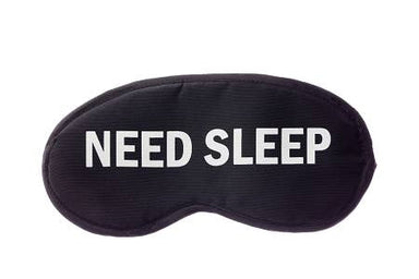 Black sleep mask with 'NEED SLEEP' text on a white background