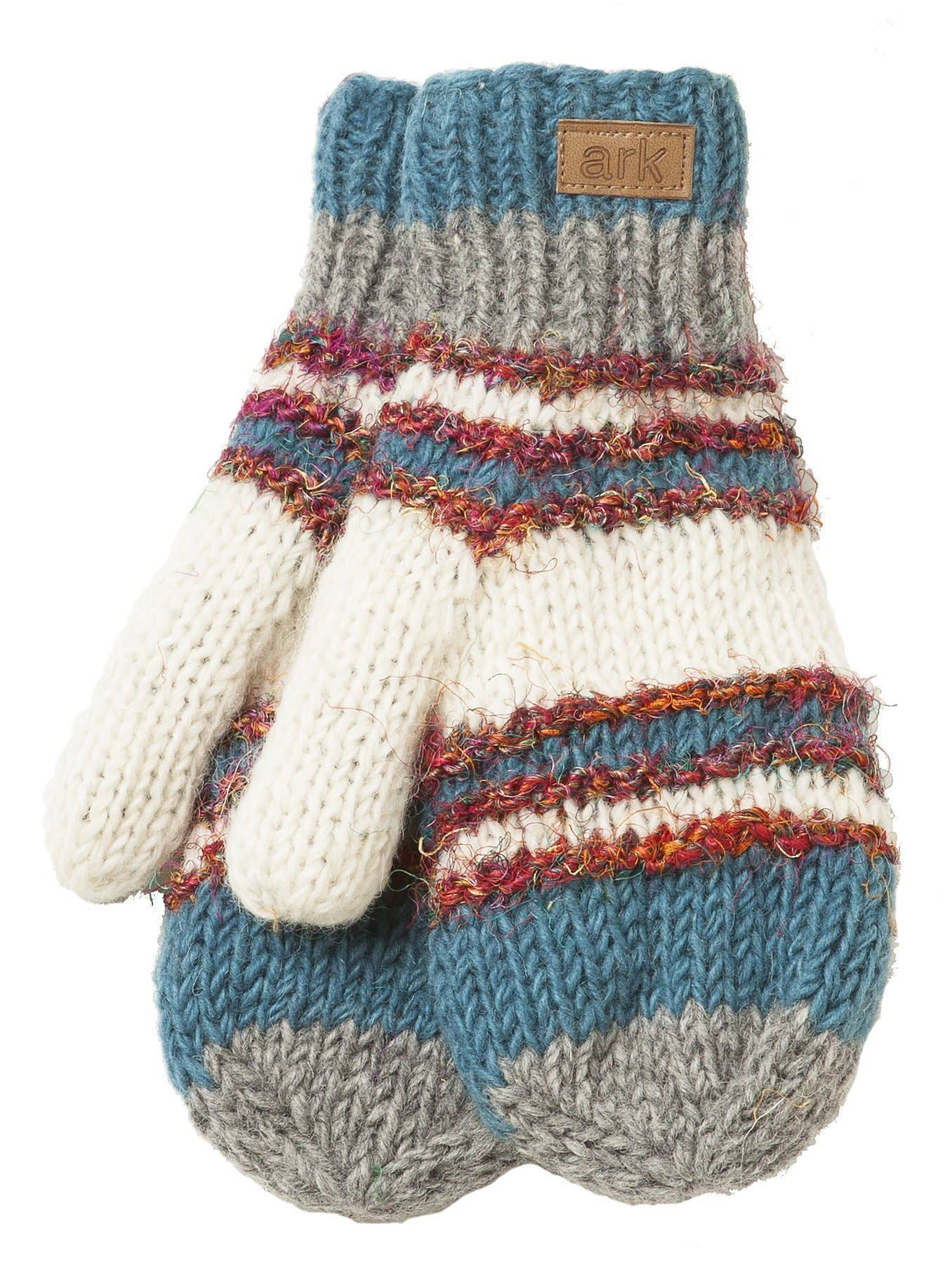 Knitted mittens with multicolor stripes on a white background