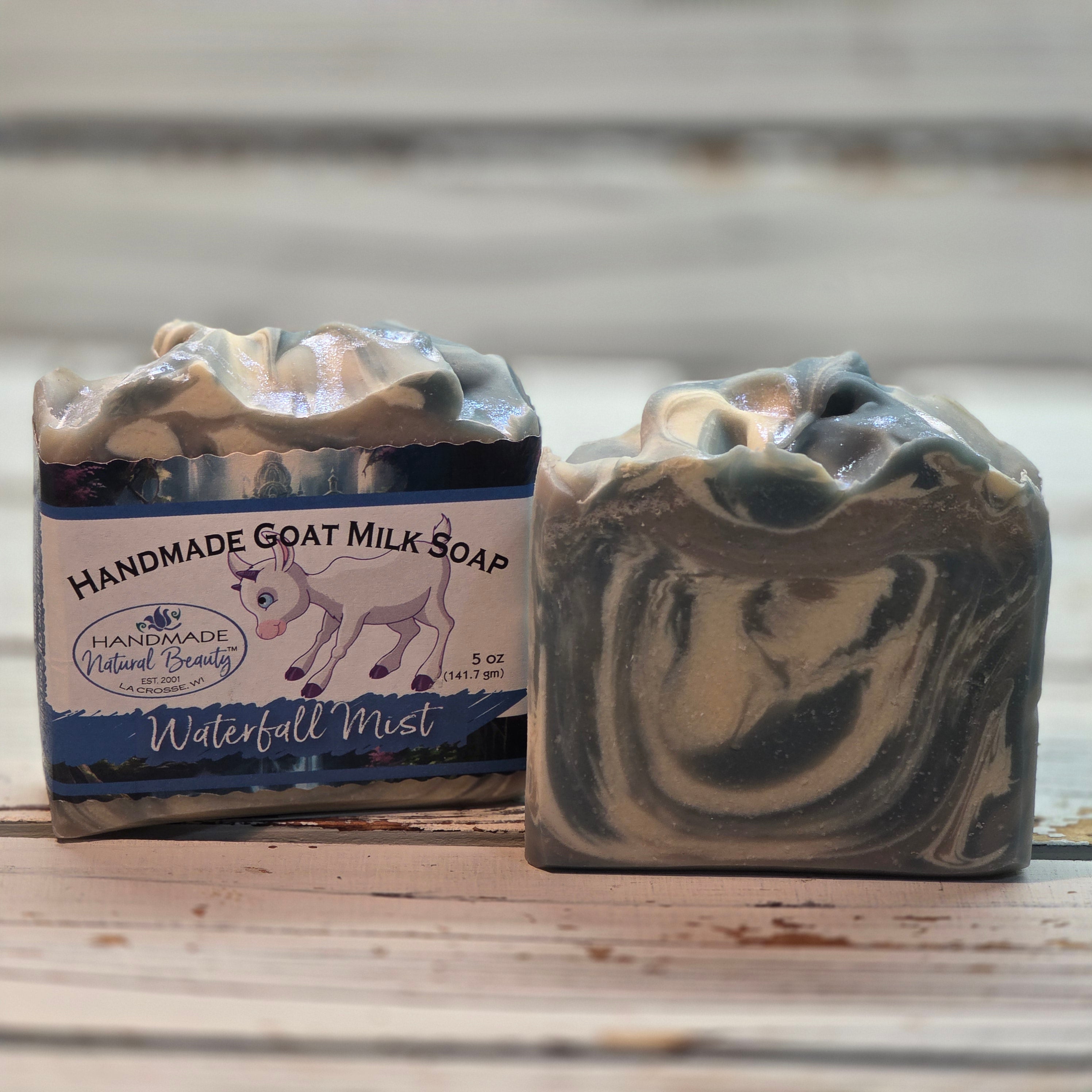 Goat Milk Soap by Handmade Natural Beauty scented Waterfall Mist. Blue white and silver swirled soap.