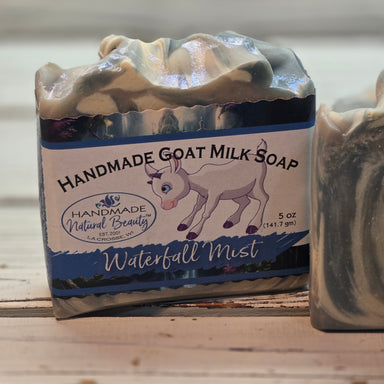 Goat Milk Soap by Handmade Natural Beauty scented Waterfall Mist. Blue white and silver swirled soap.