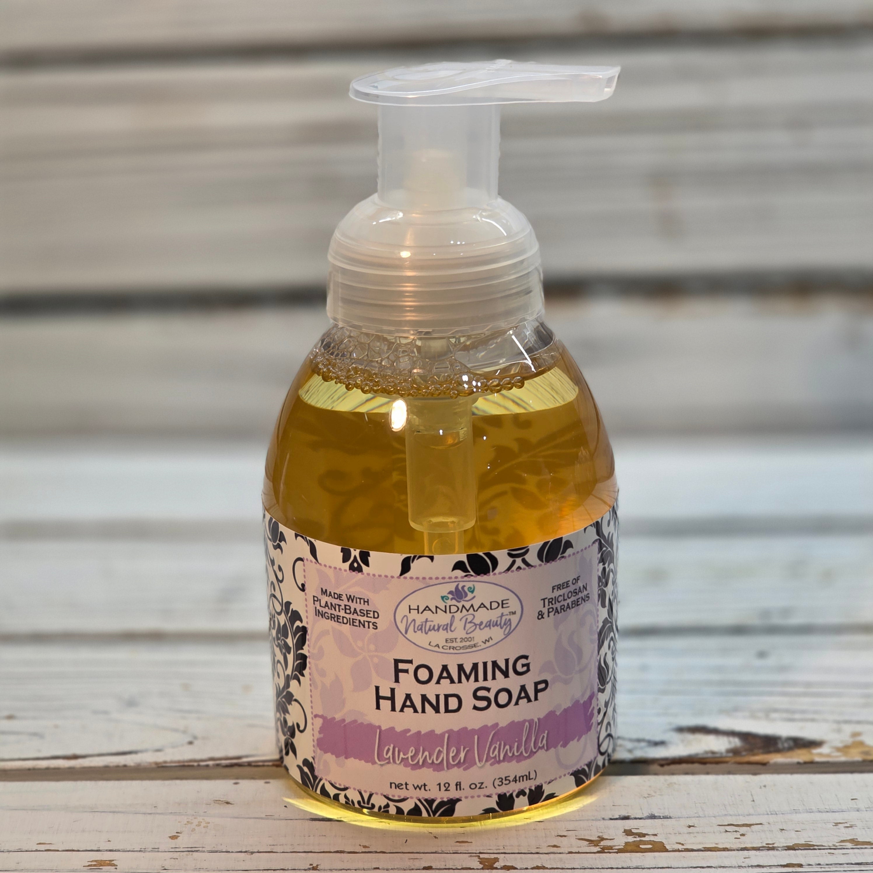 Foaming hand soap pump bottle by Handmade Natural Beauty in Lavender Vanilla scent.