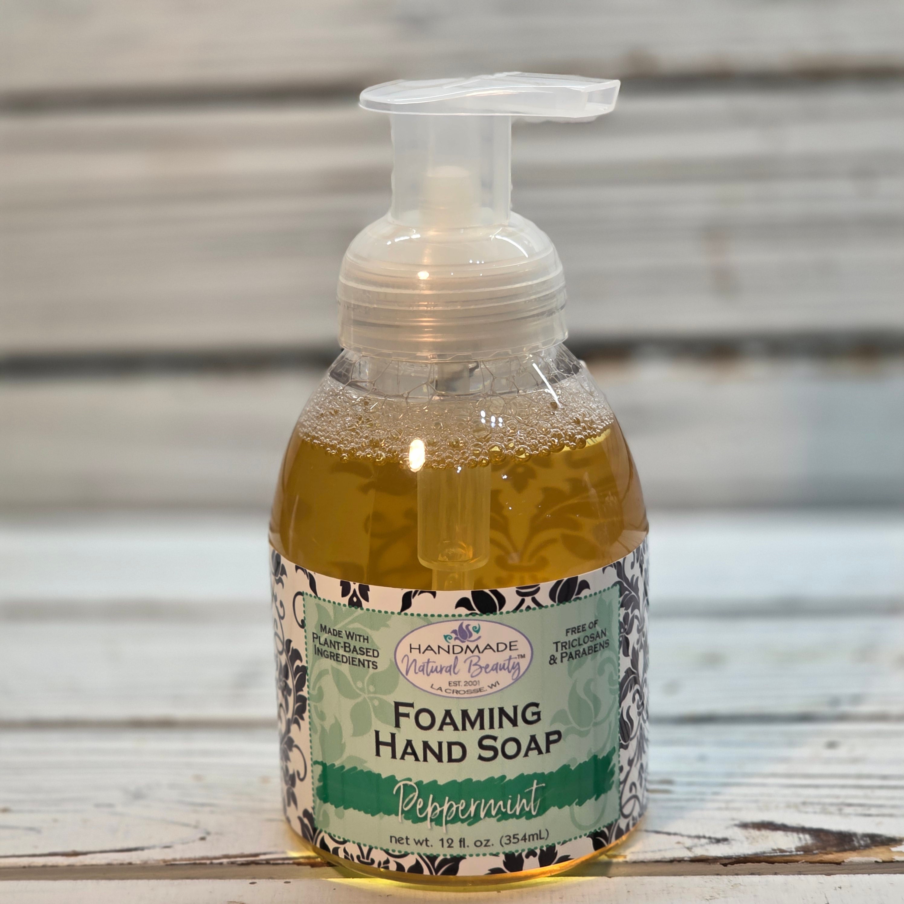 Foaming hand soap pump bottle by Handmade Natural Beauty in Peppermint scent.