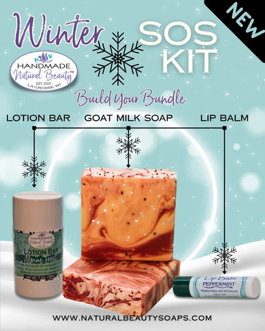 Winter SOS Kit with handmade natural beauty products on a light blue background