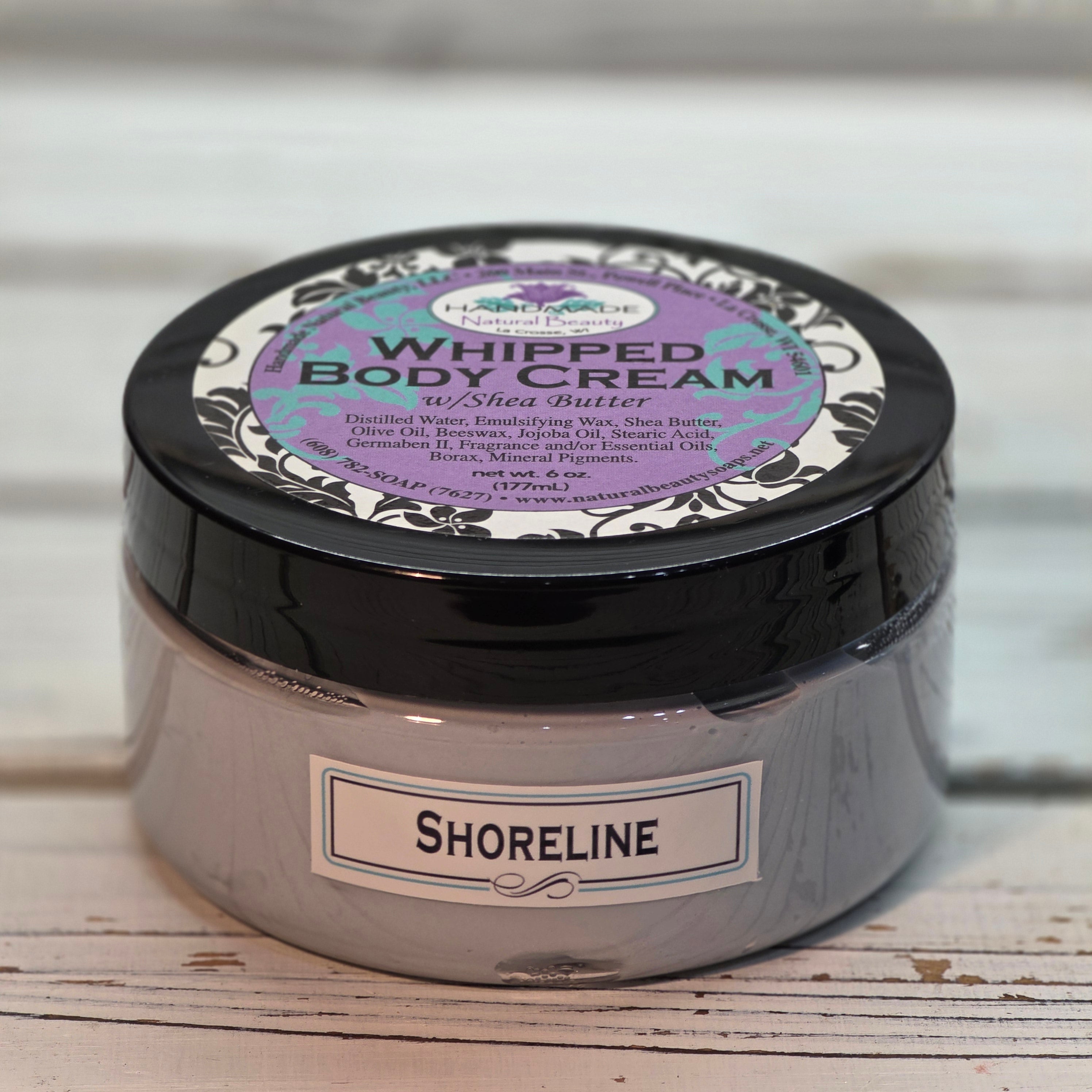 Jar of Shea butter whipped body cream in Shoreline scent.