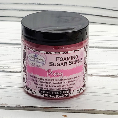 Jar of Handmade Natural Beauty Foaming Sugar Scrub Peony scent.